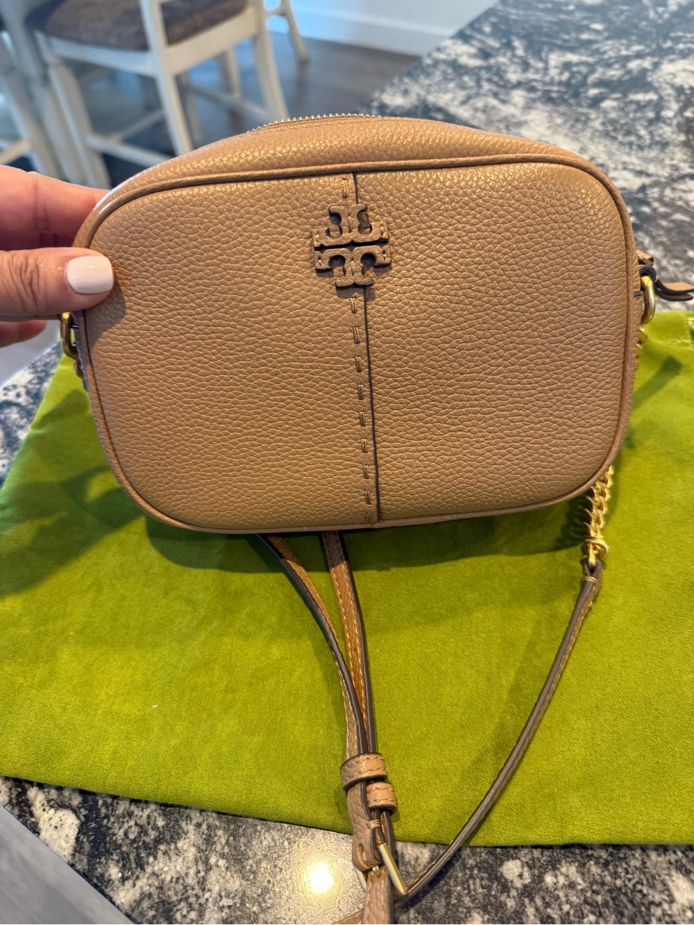 Tory Burch Tan Pebbled Leather Crossbody with Gold Chain Detail